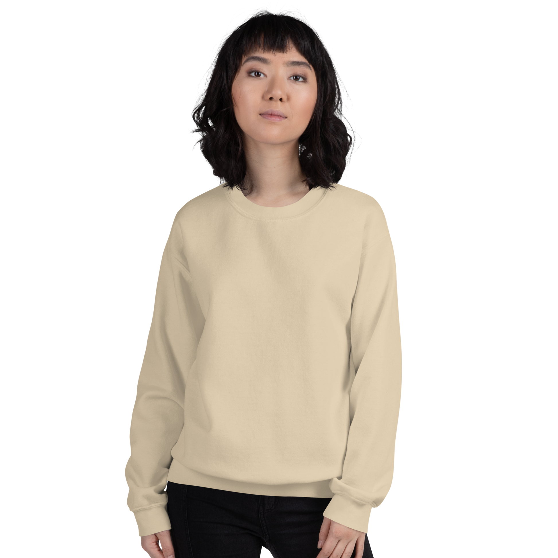 Person wearing a beige sweatshirt on a white background